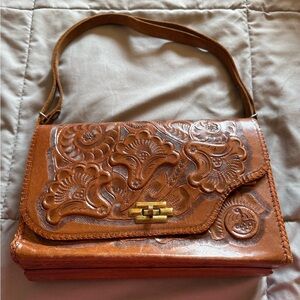 Hand tooled Vintage Brown Leather Reversible Handbag from Mexico